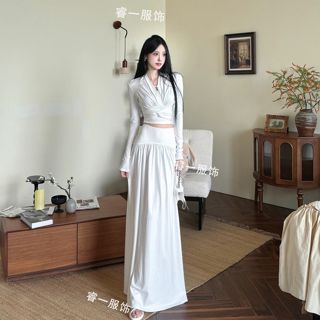 TITI 早秋新品琥珀流光色V领长袖上衣高腰系带百搭半裙两件套女