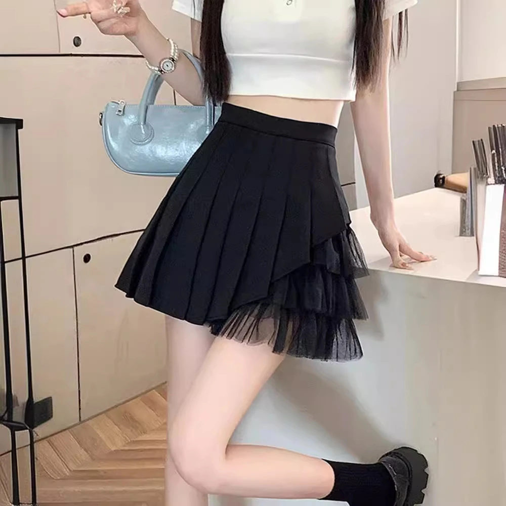 黑色网纱百褶裙女夏季2024新款小个子短裙时尚高腰显瘦a字半身裙