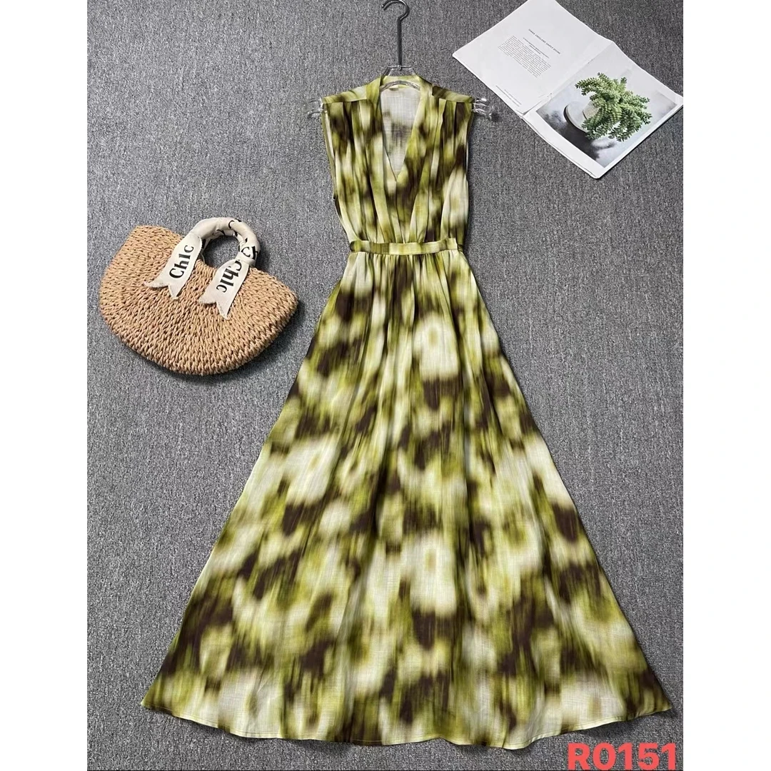 Mozch 【裙长119】苎M莱赛R轻薄透气收腰V领晕染花色度假连衣裙0151