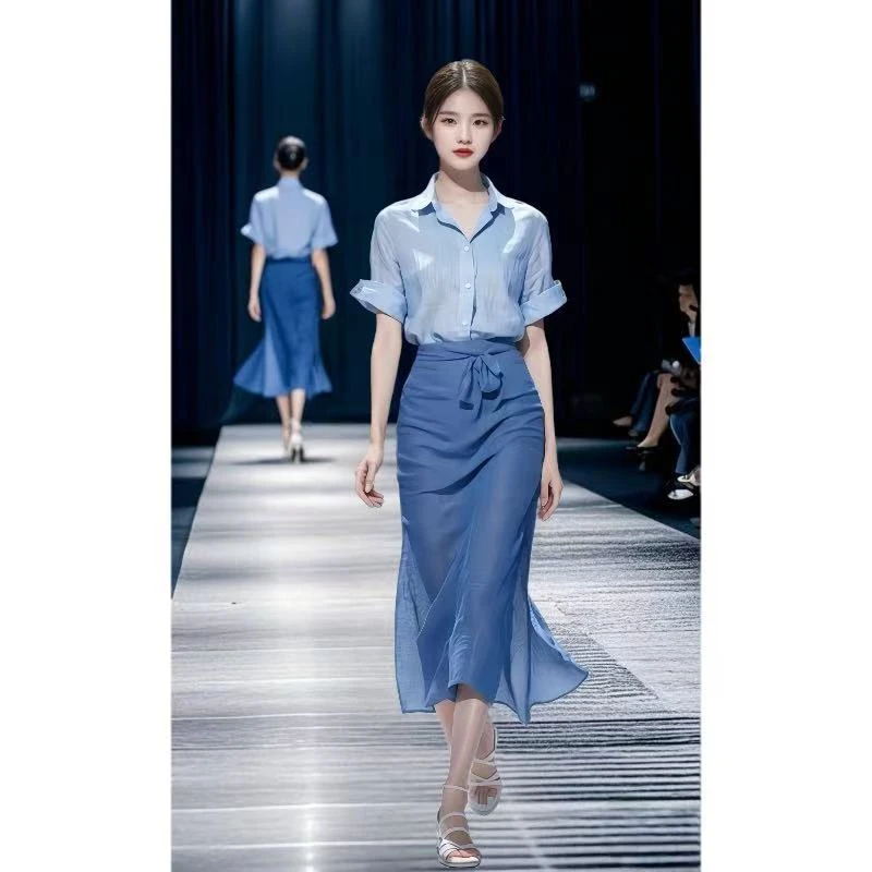 今年流行漂亮盐系轻熟通勤气质蓝色衬衫两件套装裙女2025夏季新款