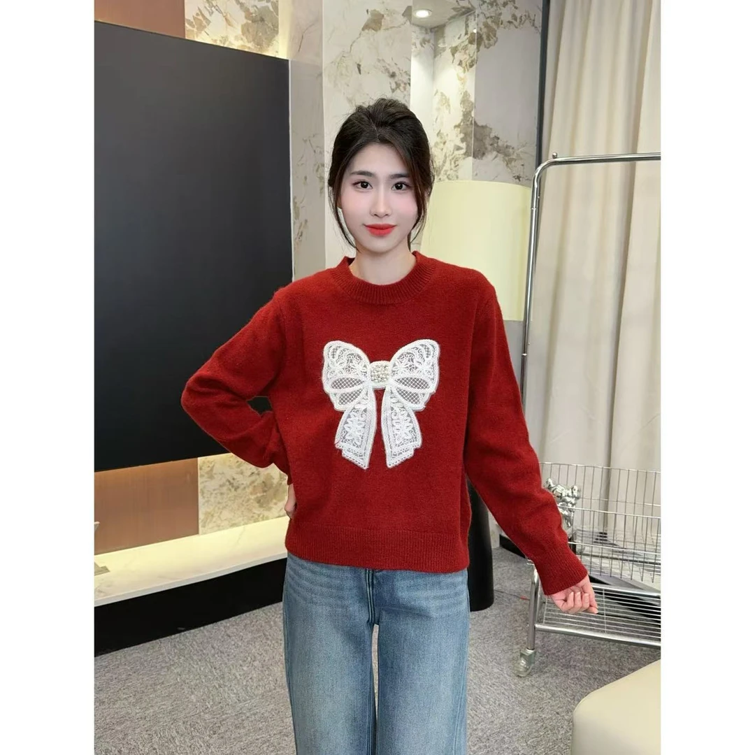 双色蝴蝶结毛衣 小允姐姐2024新款时尚气质高级双色蝴蝶结毛衣