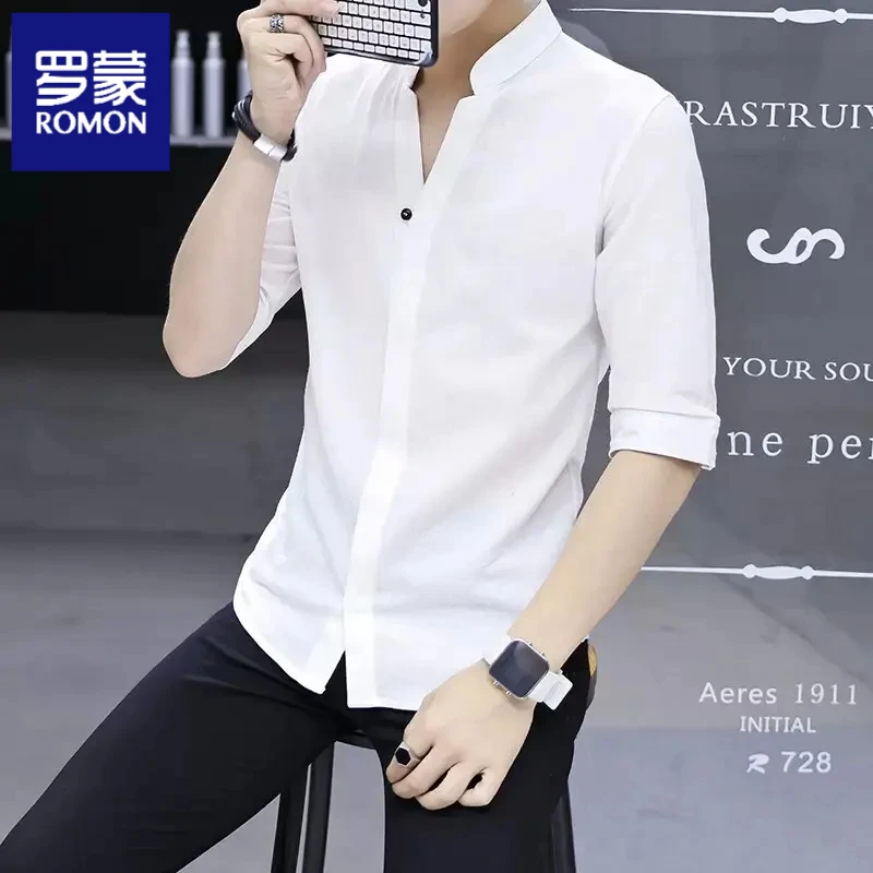 罗蒙春夏男士薄款衬衫修身7分袖寸衫中国风复古立领衬衣休闲白衬
