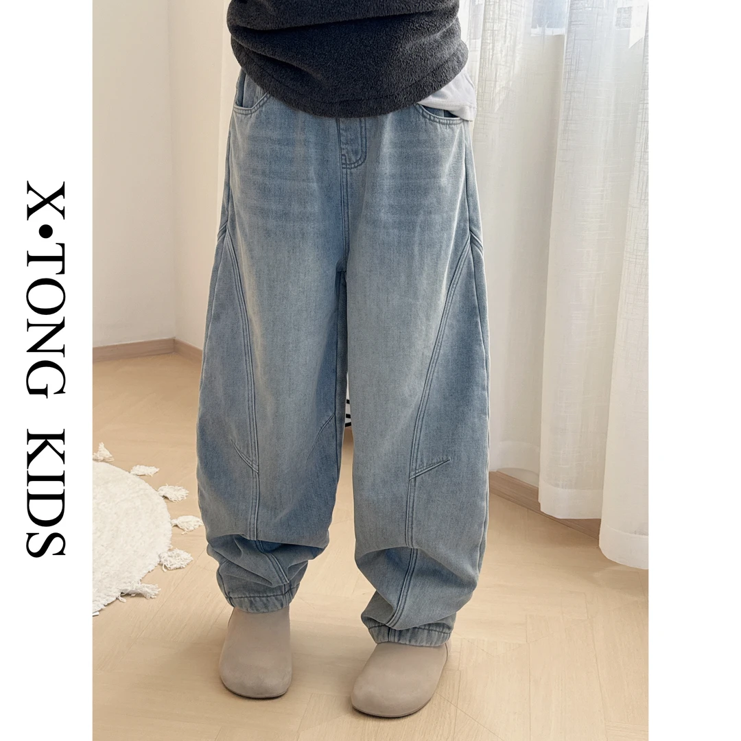 【X•TONG】冬日弯刀浅牛加绒阔型牛仔裤 76711