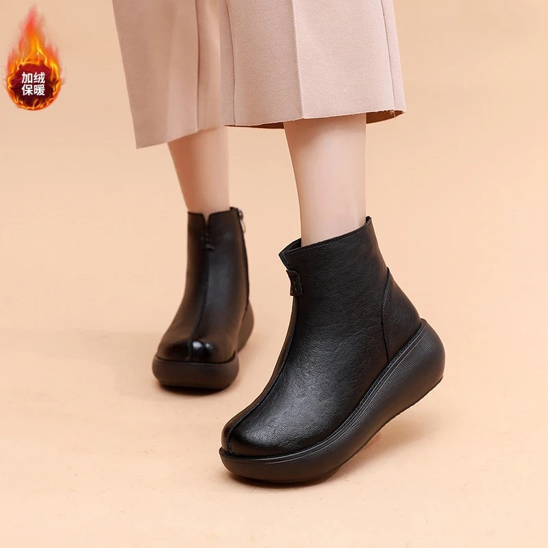 棉鞋女2025冬季加绒新款短靴女坡跟厚底松糕跟透气软皮女靴子2083