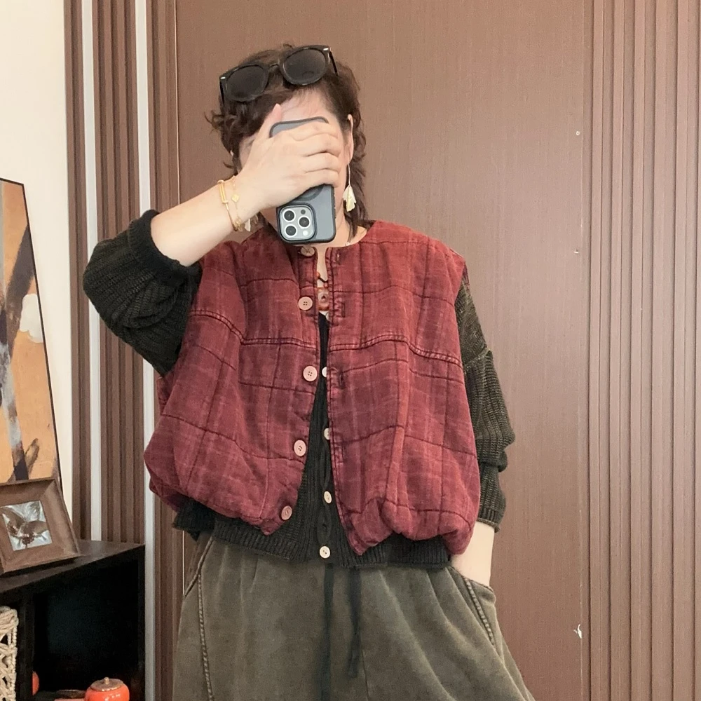 C3367秋冬加棉短款马甲女南瓜棉马夹格子坎肩