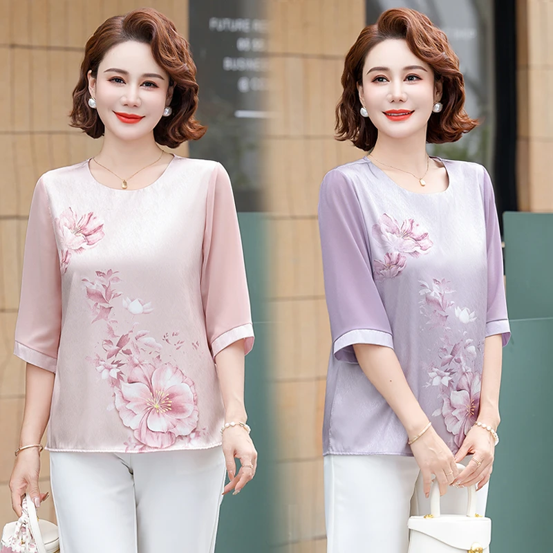 2025新款夏装时尚小衫妈妈雪纺短袖洋气中老年女装洋气T恤上衣