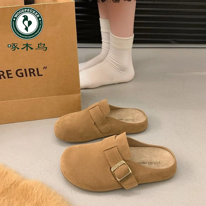 啄木鸟博肯包头拖鞋女2024秋季厚底半拖软皮软底低帮女勃肯拖鞋