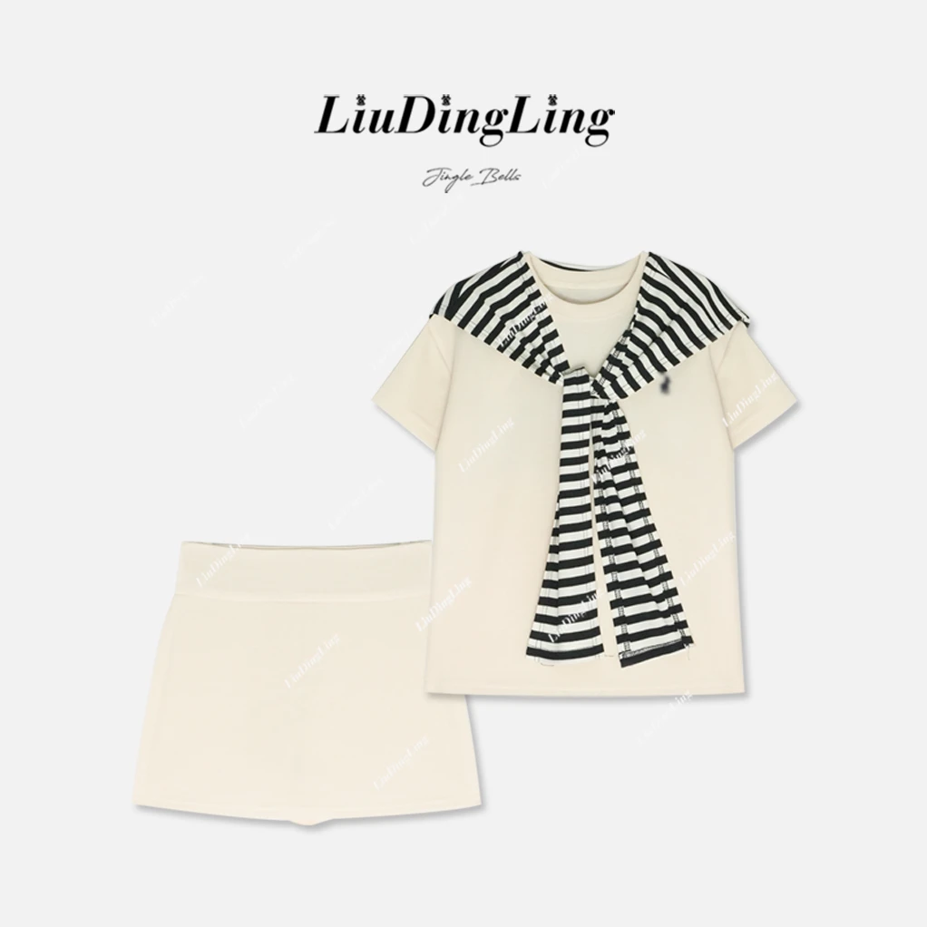 【刘叮铃专属】夏季韩系休闲宽松短袖上衣+裙子+条纹披肩1511#0.1