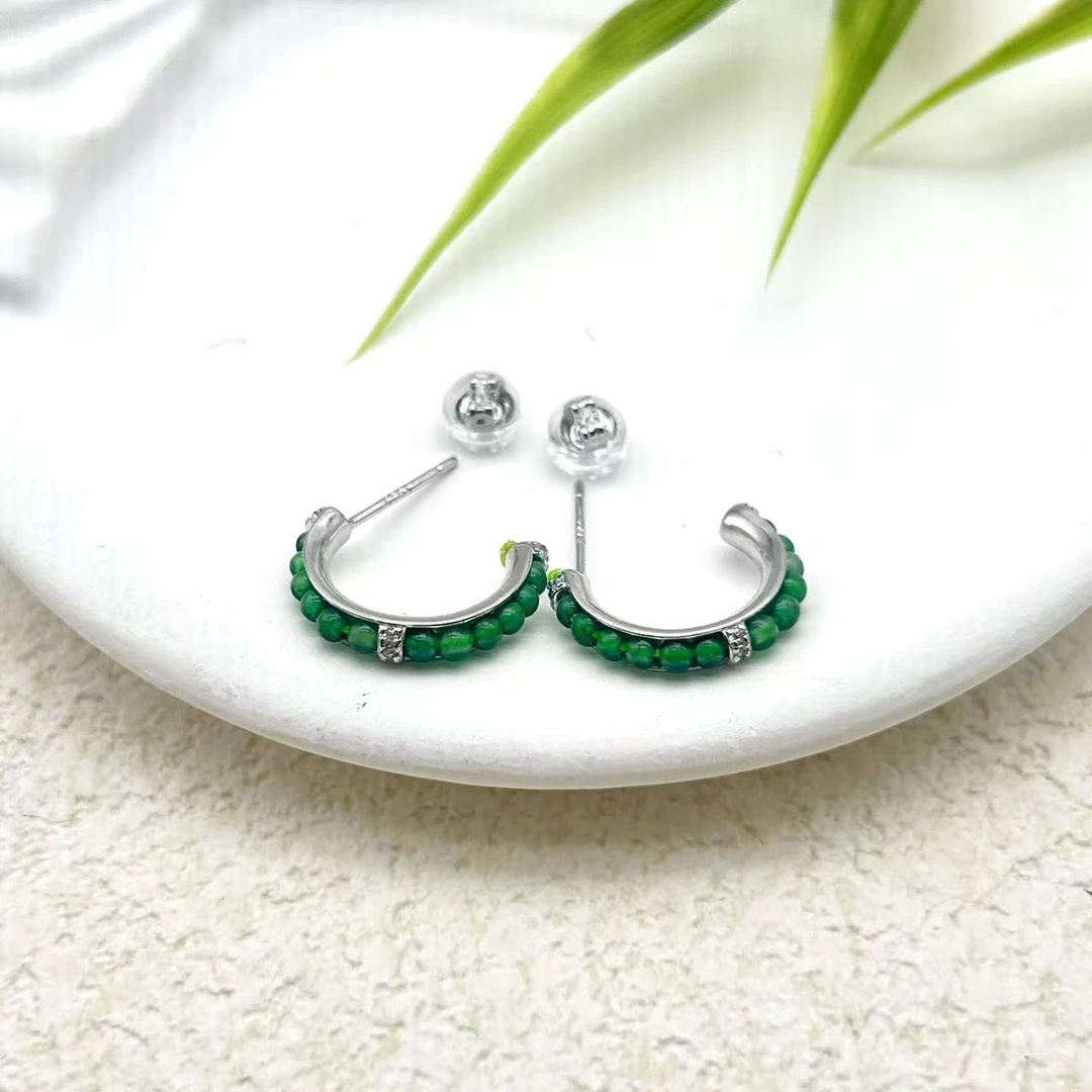 翡翠银s925银镶天然翡翠小米珠耳饰（尺寸2mm） ～HYL010