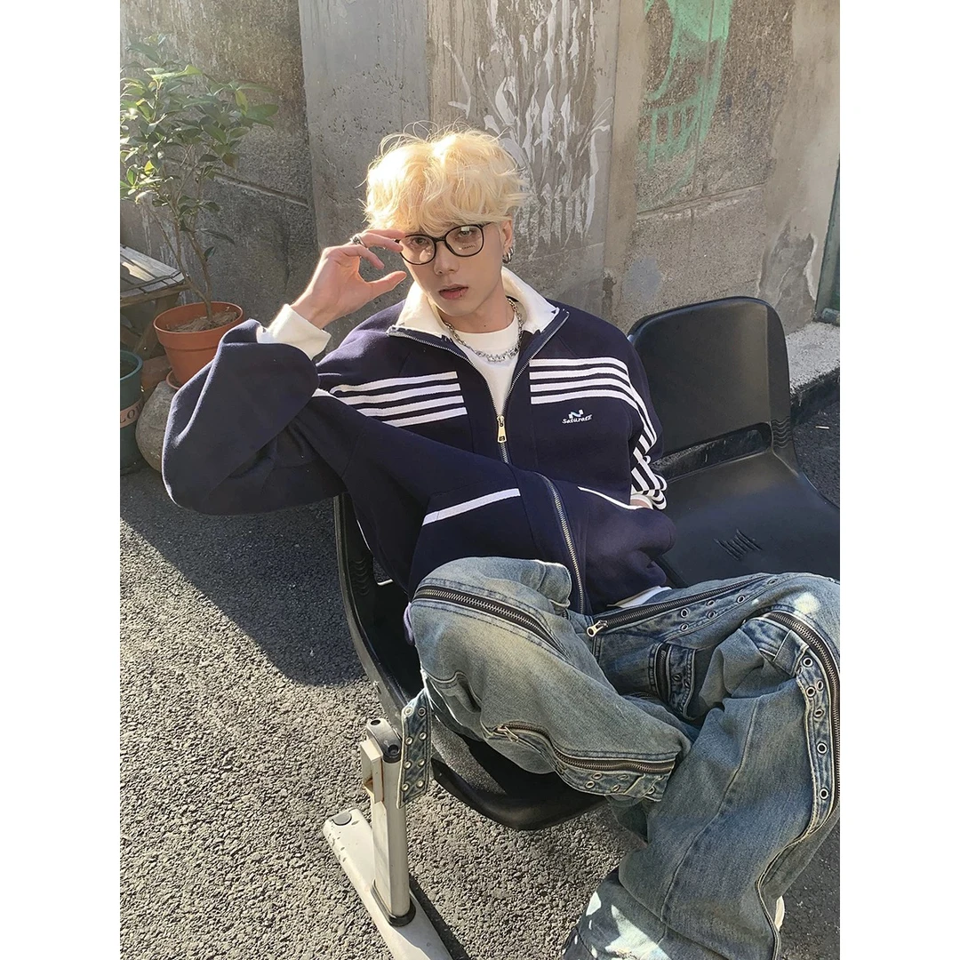 美式条纹夹克外套男春秋高街潮牌复古小众宽松休闲立领针织上衣男