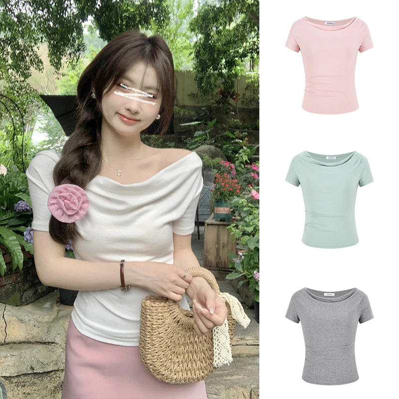 Moses Queen/魔西女王纯欲辣妹褶皱荡领短袖T恤掐腰一字肩短上衣