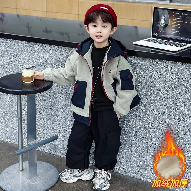 男童冬装加绒外套2025秋冬新款潮酷儿童摇粒绒毛毛衣加厚冬季棉服