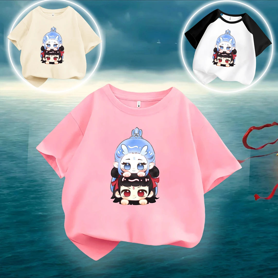 Q版哪吒敖丙趣味文字喜居麦亲子儿童圆领百搭纯棉短袖T恤夏季男孩