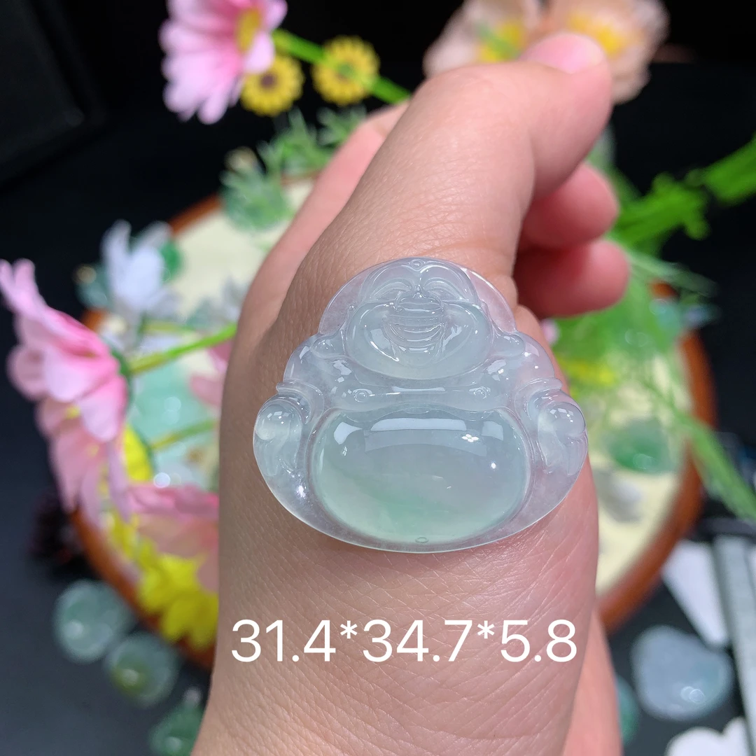 缅甸翡翠A货冰种飘绿佛公品挂件水润百搭精冰气冰透雕刻玉石百搭