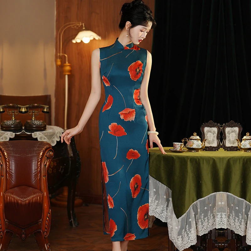 【玫瑰绮梦】2025春夏款双面缎面长款旗袍修身显瘦日常连衣裙女装