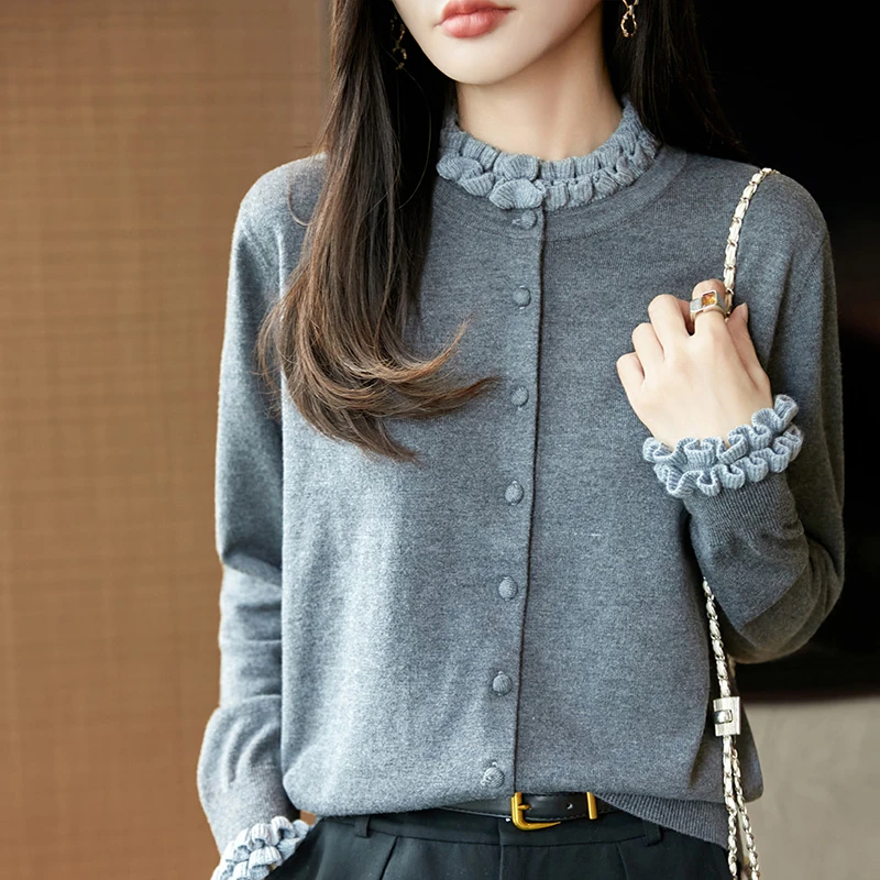 【玛奇朵】2025秋冬法式香风木耳边花边圆领针织开衫女