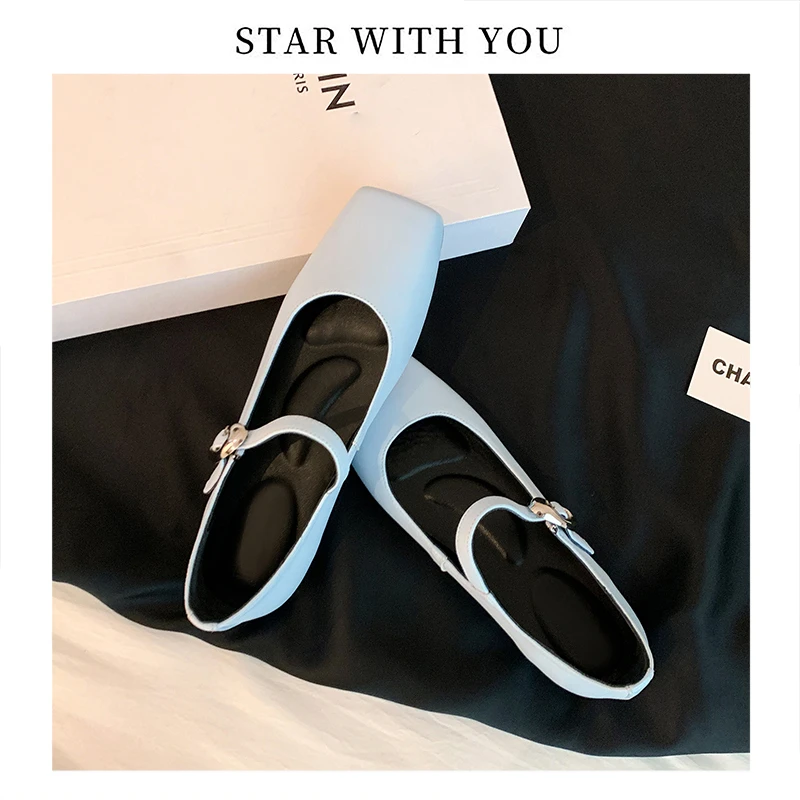 【STAR】小众设计法式温柔风复古方头一字扣百搭气质浅口平底鞋2cm