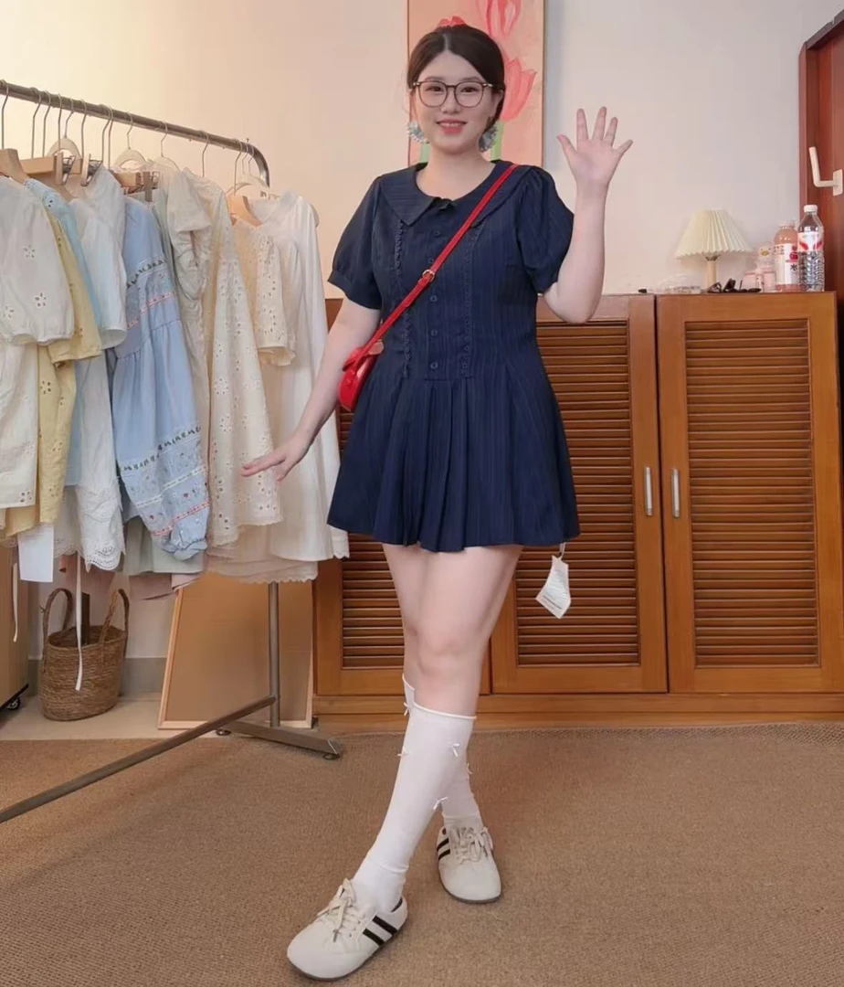 学院风泡泡袖衬衫连衣裙胖MM夏季法式气质收腰甜美短裙同面料短裤