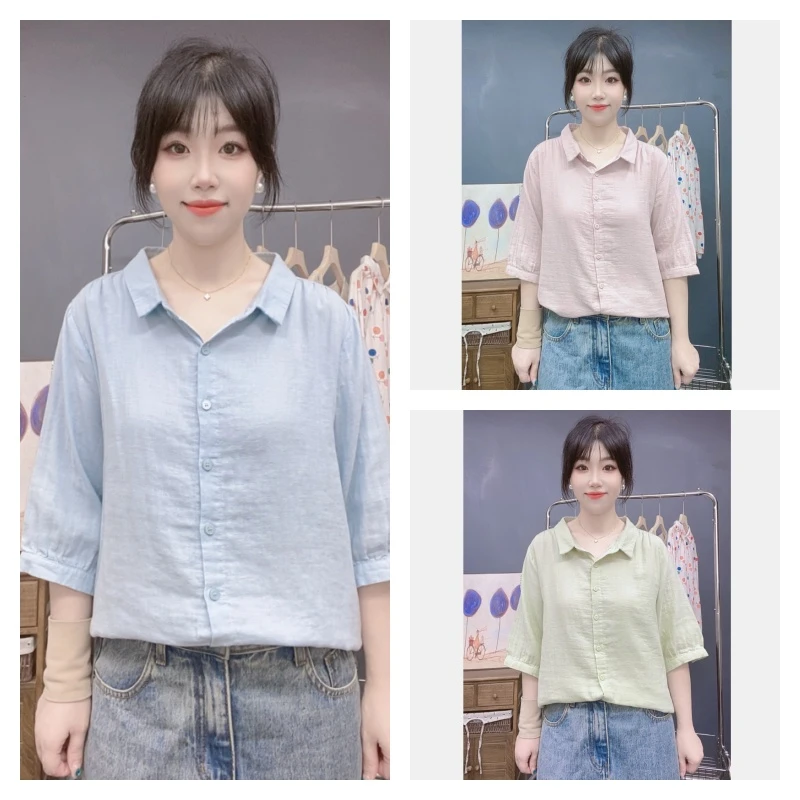 韩版新款啊 光板纯色 小尖领女士开衫短袖衬衫双层纱上衣休闲衬衣