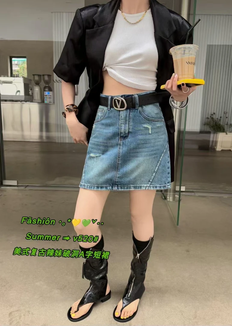 炸款～欧货520薄料A版牛仔半身裙