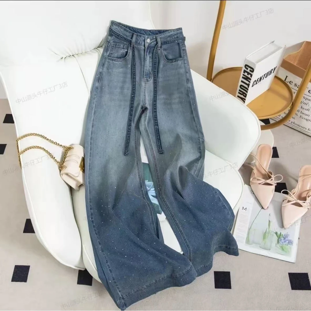 【烫钻满天心】牛仔裤女2025夏季新款薄款阔腿裤宽松男女同款