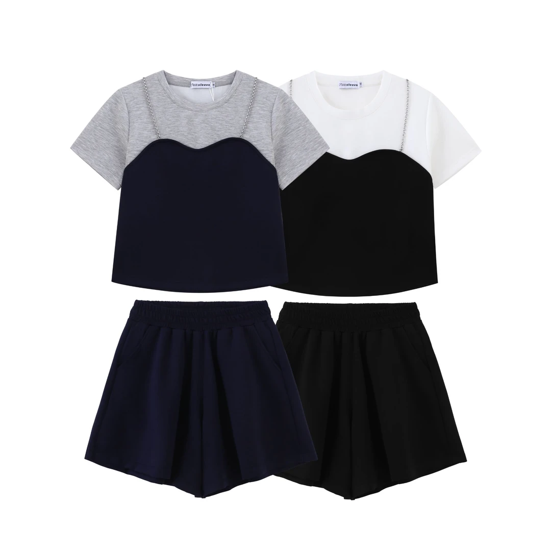 【姿姐专属】休闲运动套装女2025新款拼色短袖上衣短裤两件套X25013