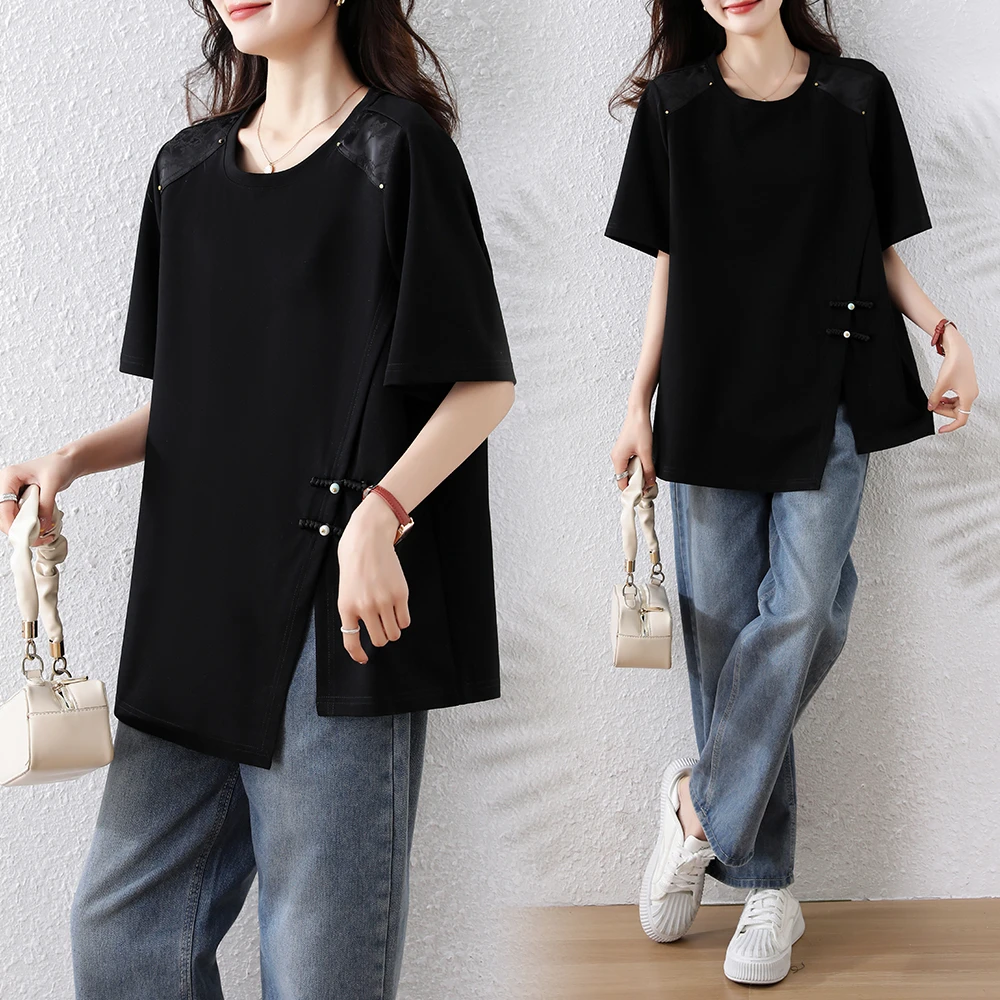 新中式国风盘扣开叉圆领宽松上衣2025年夏季新款遮肉减龄拼接T恤