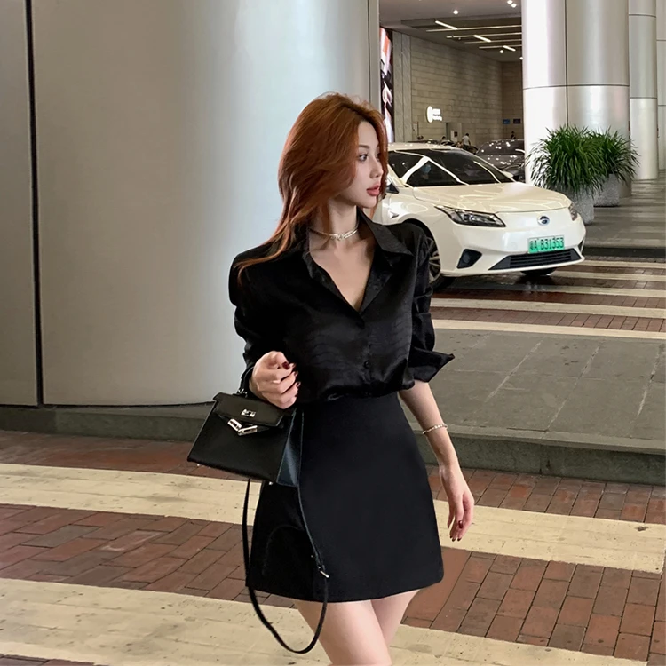 【璇子】大码女装春季新款高级感气质黑色衬衫+高腰半身裙两件套