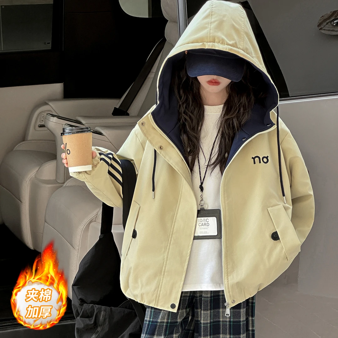 女童秋冬外套2025新款韩系百搭中大童三色拉条夹棉加厚冲锋衣外套