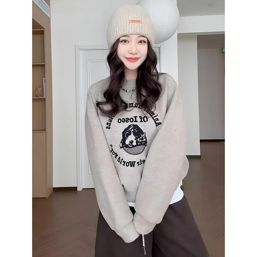 【奶泡星球】美式字母印花圆领加厚卫衣秋冬款宽松显瘦长袖上衣短款