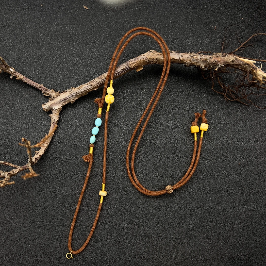 【润家原创】天然琥珀蜜蜡18K金扣头DIY设计款吊坠绳 总长80CM#6930