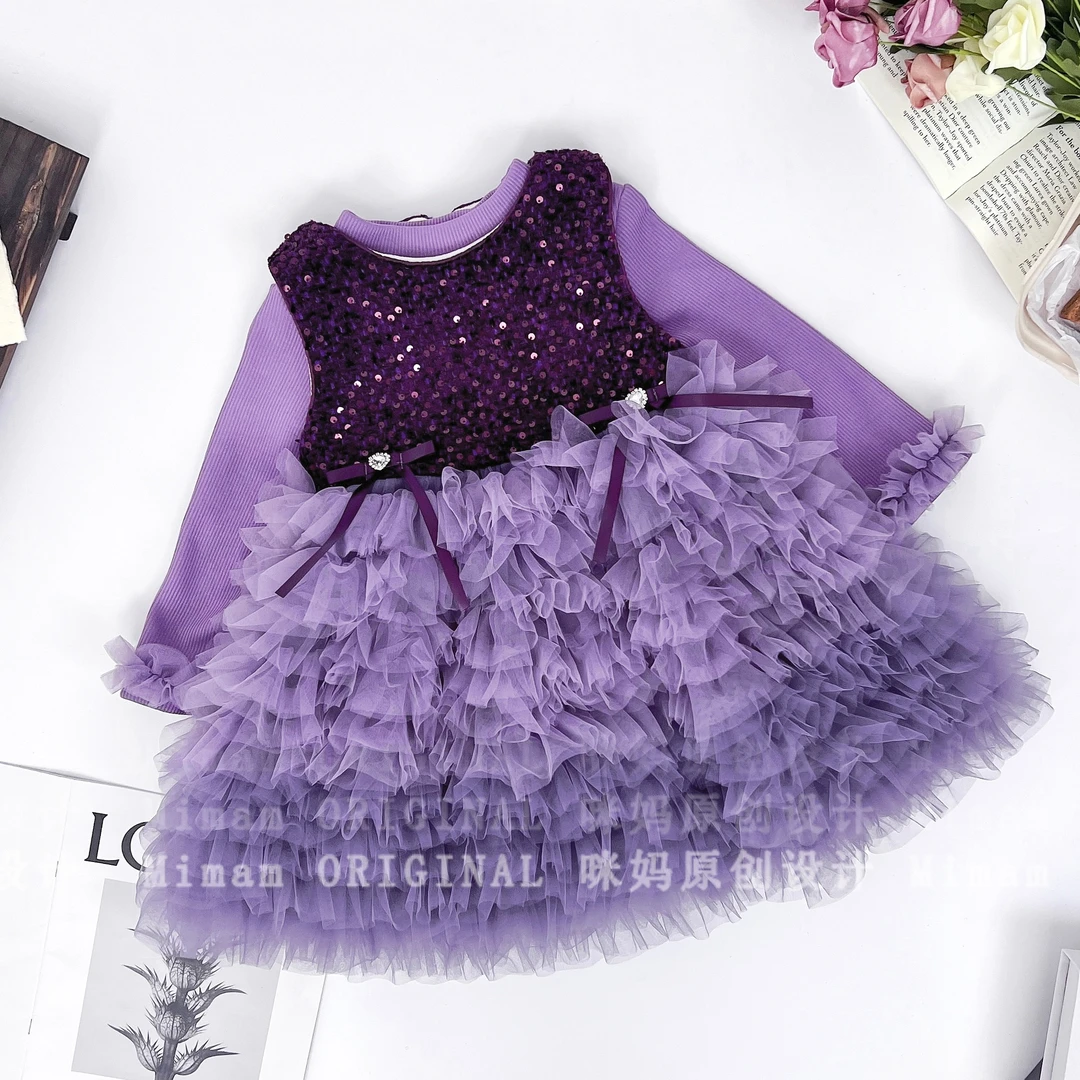 【都市紫罗兰】女童紫色渐变连衣裙韩系冬季蓬蓬纱裙加绒裙5Q643ZS