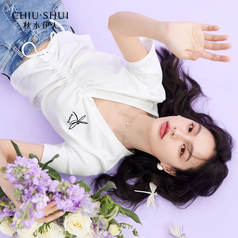 【诗语】秋水伊人2022夏季新款法式复古刺绣短款T恤622203B502125