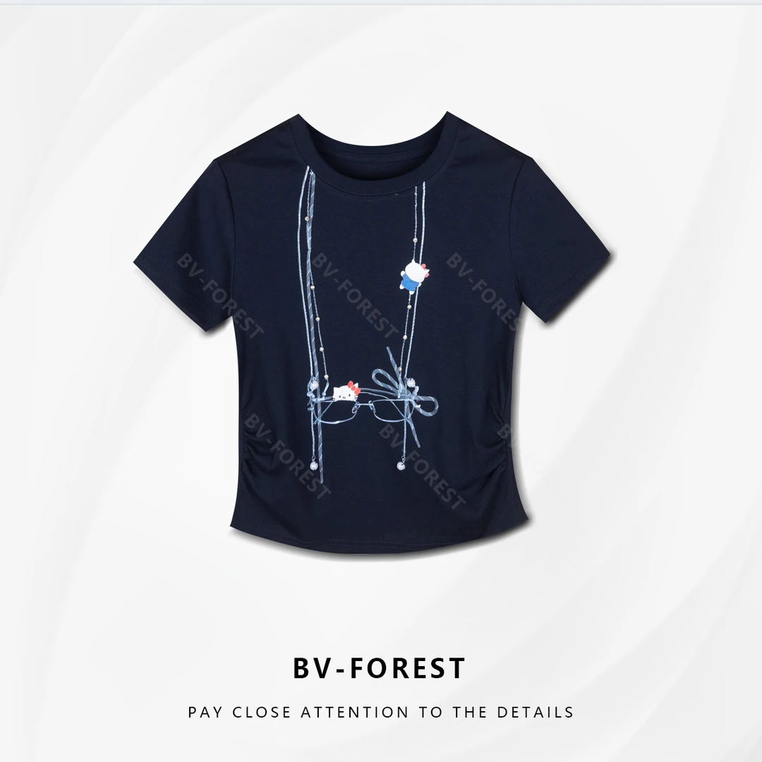 BV-FOREST“漫漫风月”夏季修身显瘦项链眼镜猫咪圆领T恤BV-T0178