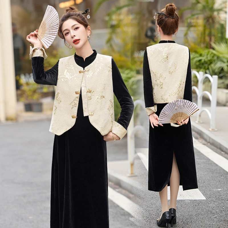 新中式国风提花马甲套装女2025年春季新款高级感气质连衣裙两件套
