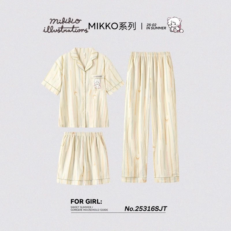 宫蝶【凉感型】mikko联名睡衣女士夏季短袖长裤三件套卡通家居服