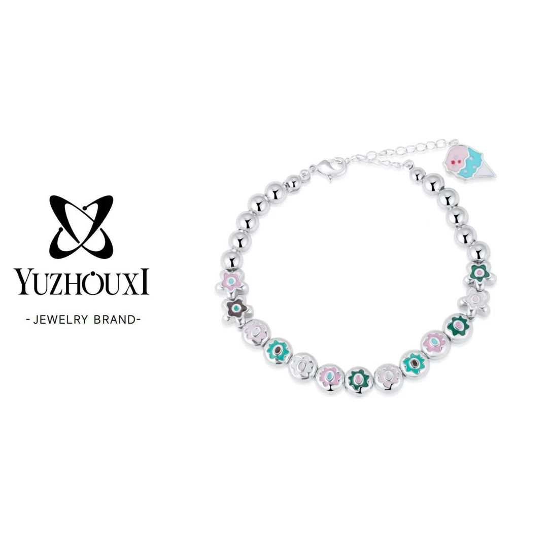 铜合金手链 F5-010【珐琅彩小花镀银小银豆手链】