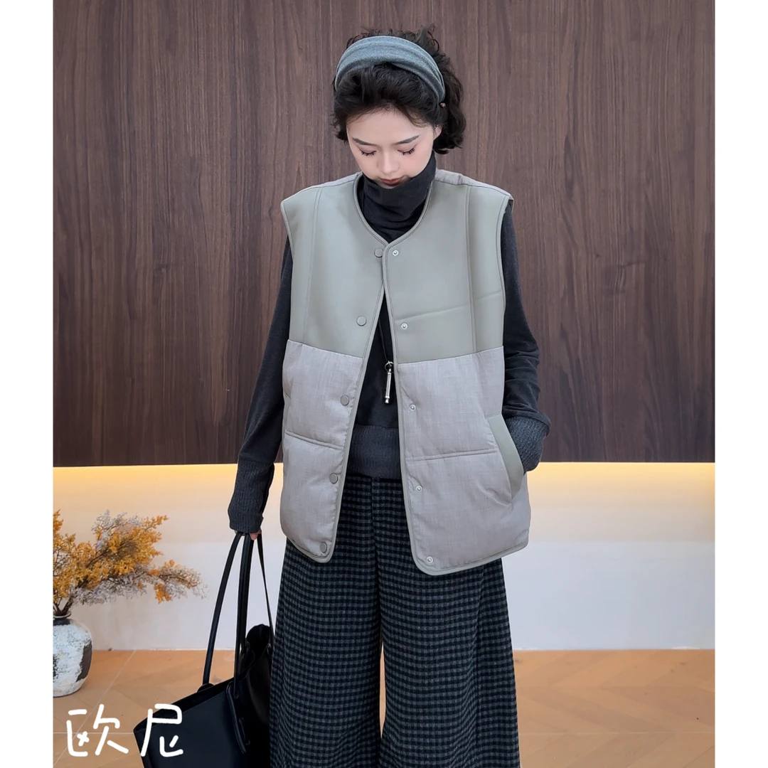 欧尼私服 2025秋季复古圆领高级感拼接单排扣马甲外套2509C6287