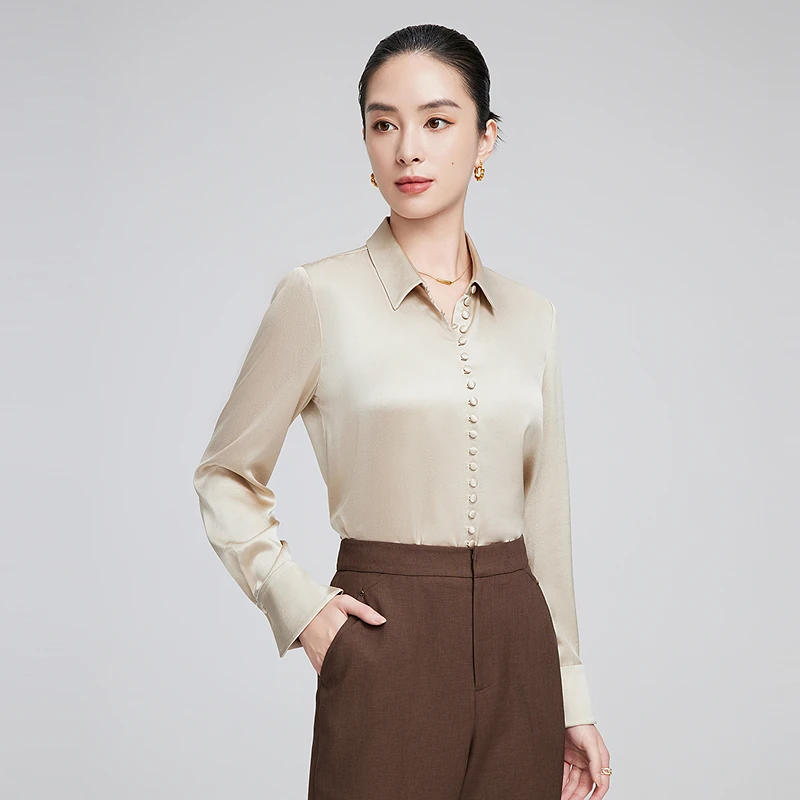 赢智尚2025春新款杏色桑蚕丝温柔气质衬衫女显瘦款ZE00978