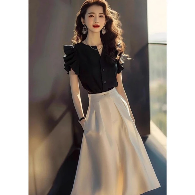 法式显瘦流行套装裙女新款夏季轻奢高级感气质黑色衬衫两件套丝滑