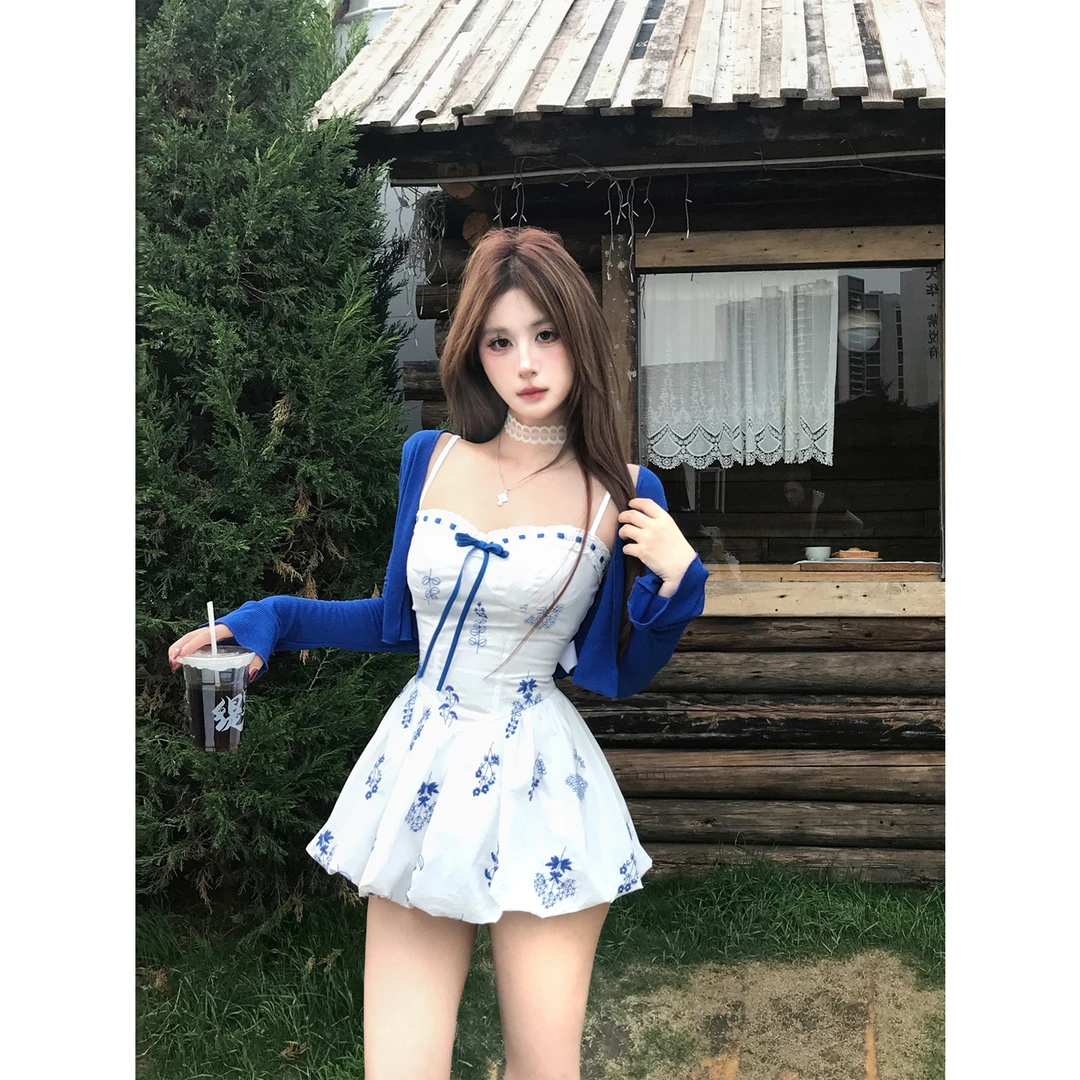 Mejiu蜜九【烟雨天青】连衣裙青花瓷辣妹千金清冷感贵系衣服开衫