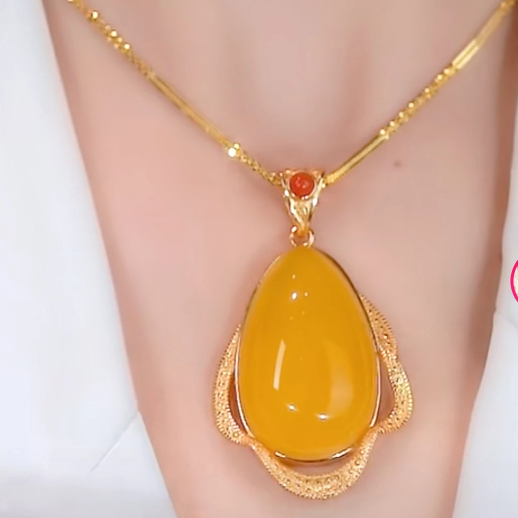 钛钢项链 冰黄海洋之心水滴吊坠国潮宫廷风项链