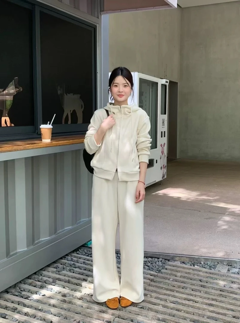 加绒加厚~慵懒风休闲运动套装女2025冬季新款连帽卫衣阔腿裤两件