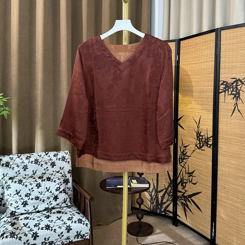 6189红云纱上衣百搭休闲红色国风长袖时尚双面设计师提花新中式