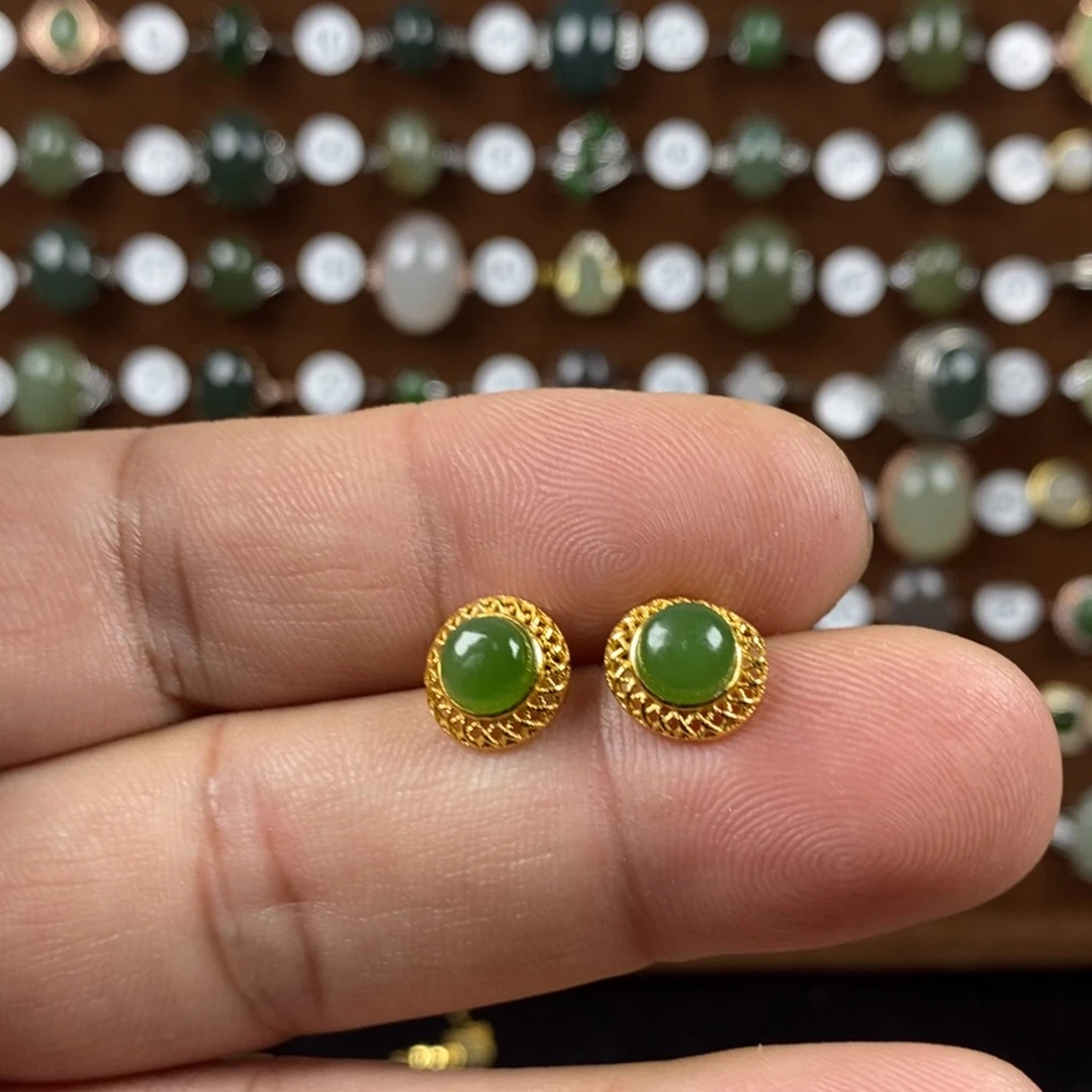 和田玉（青玉）戒指银S925镀金镶嵌