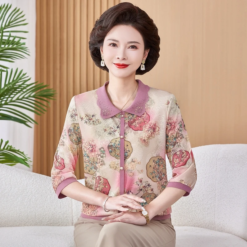 洋气妈妈春装薄款针织翻领打底衫中老年女夏季七分袖T恤冰丝小衫