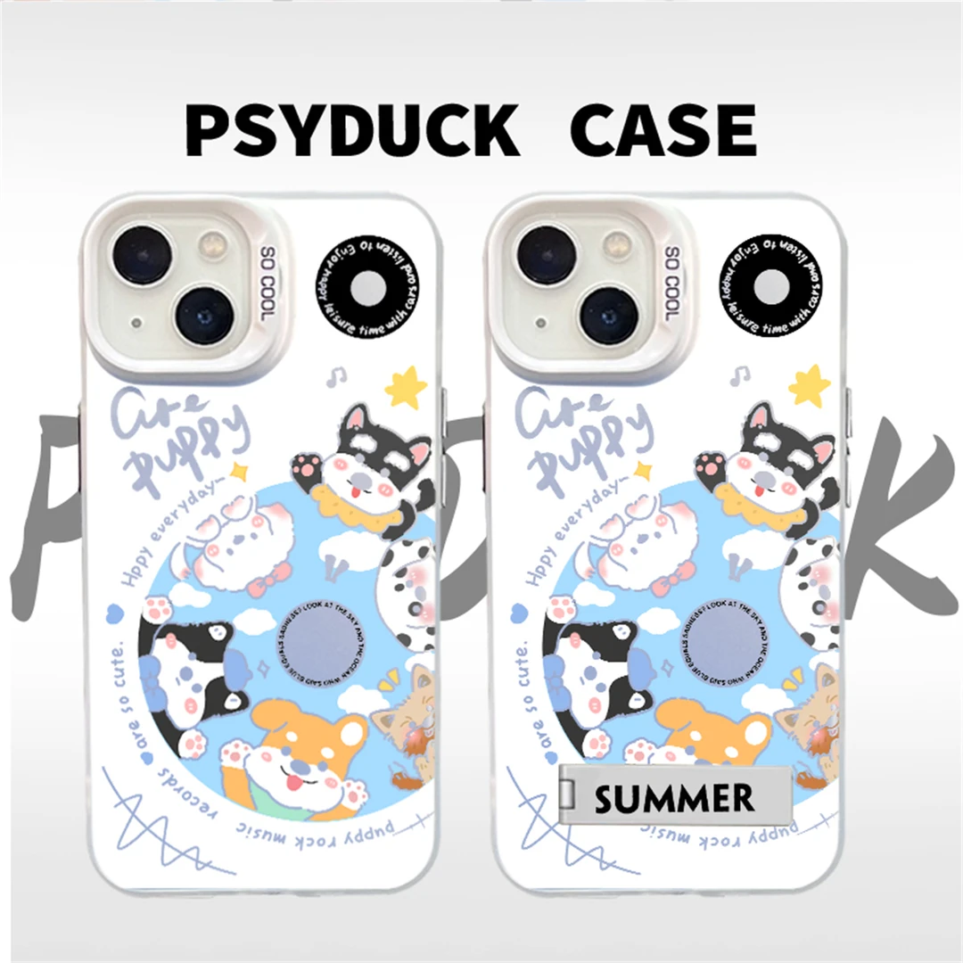 适用苹果华为一加小米唱片小狗蓝彩银白底卡通动漫防摔手机壳情侣