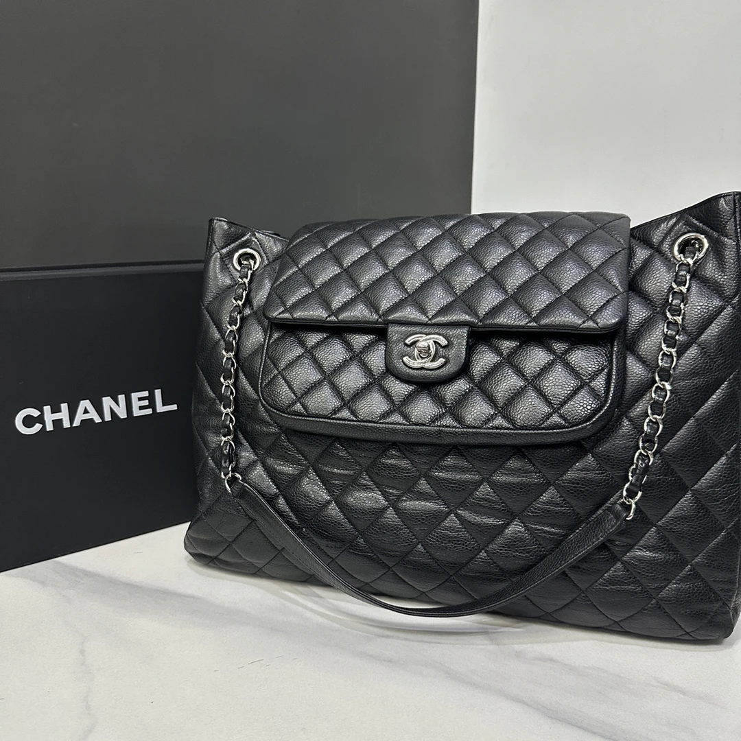 95新 Chanel/香奈儿 黑银双口袋托特包18开37cm/JJ5112003
