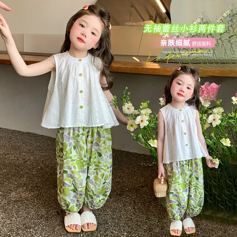 女童韩系套装洋气甜美儿童无袖蕾丝娃娃衫防蚊裤两件套小女孩夏装