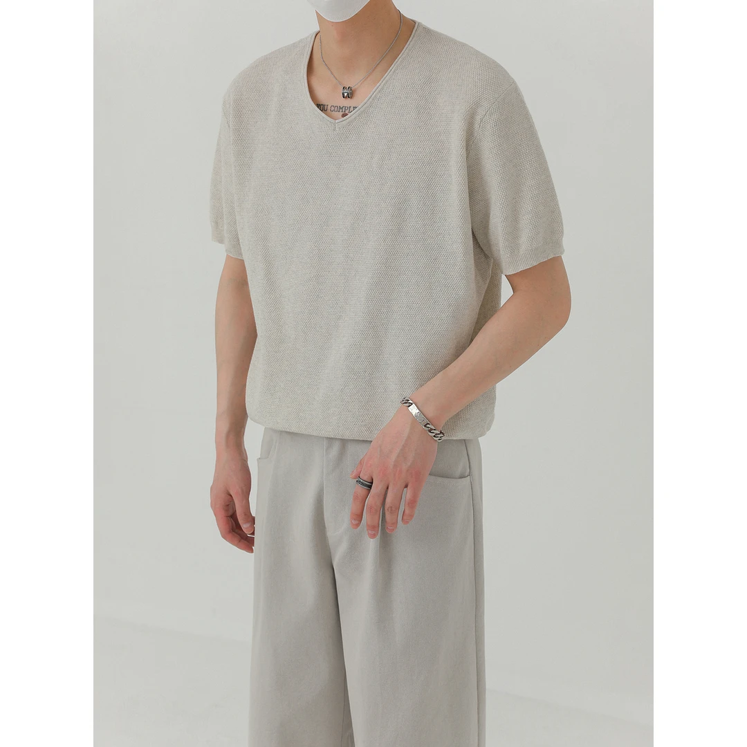 卓卓高级感夏季上衣韩系针织V领短袖T恤男潮流宽松透气半袖体恤衫